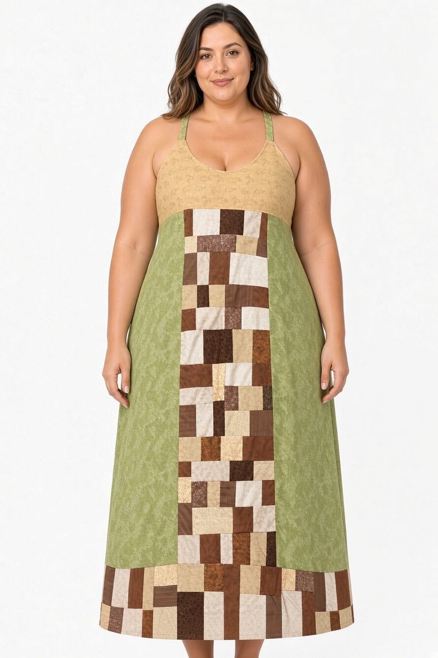 Handmade Patchwork Earth Tones Green/Brown Hippie Boho Cotton Maxi Dress XL/1X